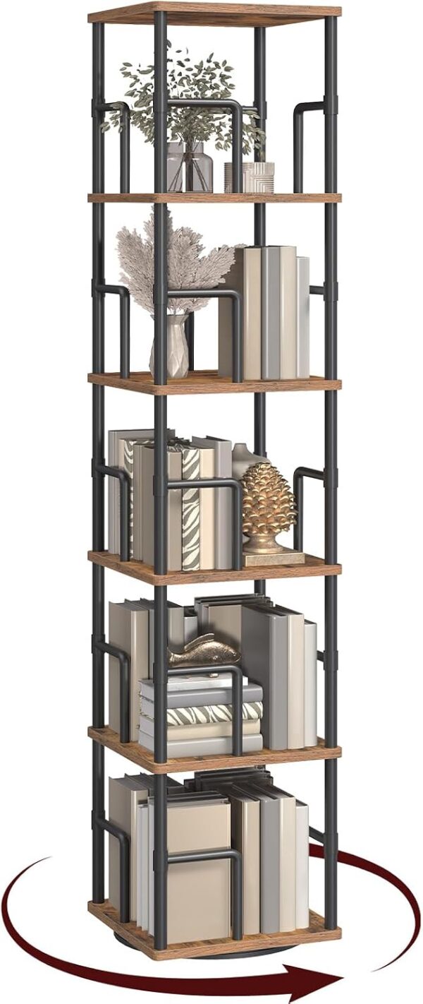 5-Tier Rotating Bookshelf, Freestanding Corner Bookshelf, 360° Spinning Bookcase, Industrial Style Storage Rack with Rails, for Living Room, Bedroom, Study, Rustic Brown and Black