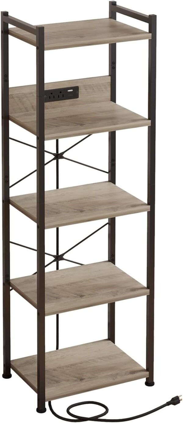 5 Tier Bookcase with Charging Station, Small Bookshelf Industrial Bookcase Storage Shelf, Boocase Organizer for /Movie/Book Displaying, Bookshelves for Bedroom Office Living Room