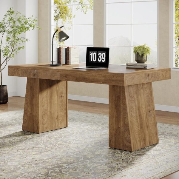 55" Executive Desk, Wooden Office Desk with Double Pedestal, Modern Simple Computer Writing Table for Home Office, Light Brown