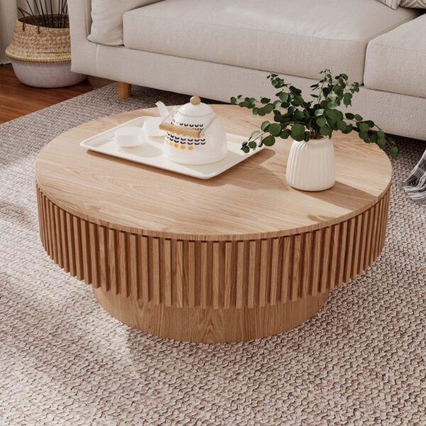 Round Coffee Table with Storage, Modern Wooden Coffee Table with Solid Wood Veneered, Circle Center Table Accent Tea Table for Living Room Apartment Small Space (31.5''L × 31.5''W × 14''H, Natural)
