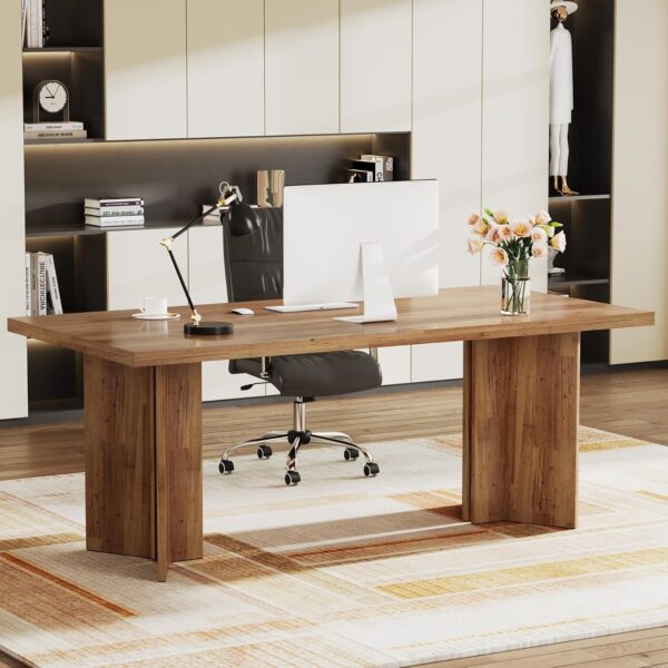 63-inch Executive Desk, Vintage Home Office Computer Desk with Large Tabletop, Farmhouse Wood Writing Conference Table Workstation for Office, Study, Walnut Brown