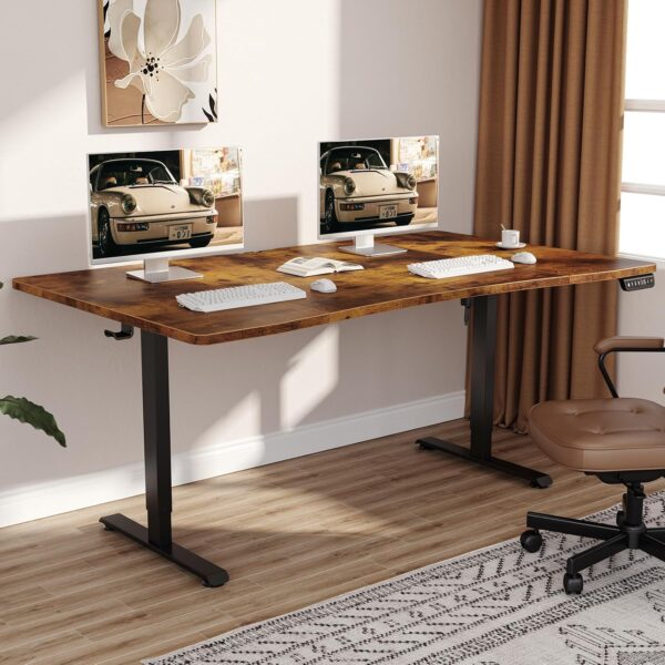 63 x 28 Inch Electric Standing Desk, Sit to Stand Up, Work Home Office Computer Table for Study, Walking Pad, Writing, and Games, Wooden Desktop Desks, Brown